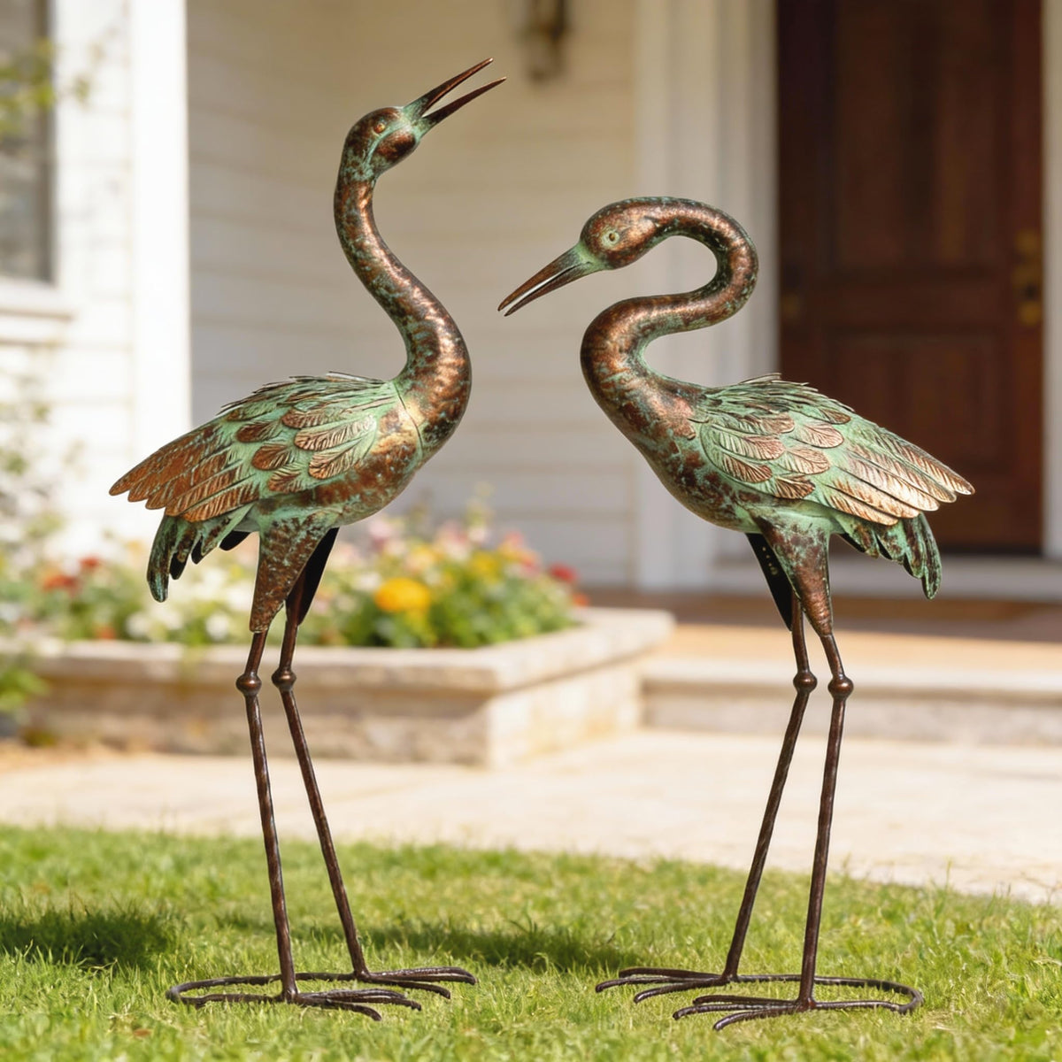 Shorayn durable crane statue resists weather for year-round garden displays.