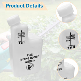 Showingo bottle with pour spout enables clean, controlled fuel-oil blends.