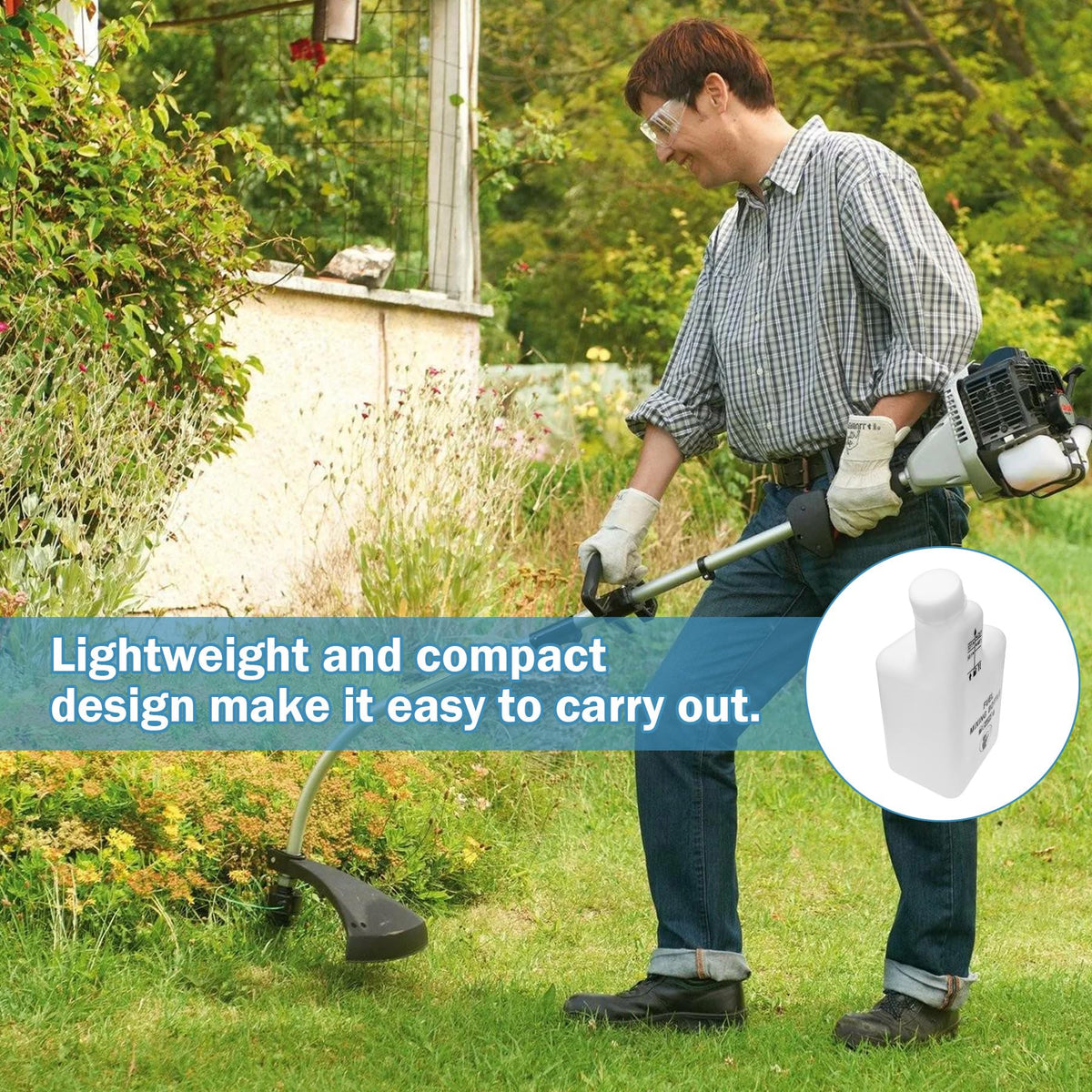 Showingo bottle markings help mix gasoline and oil accurately.
