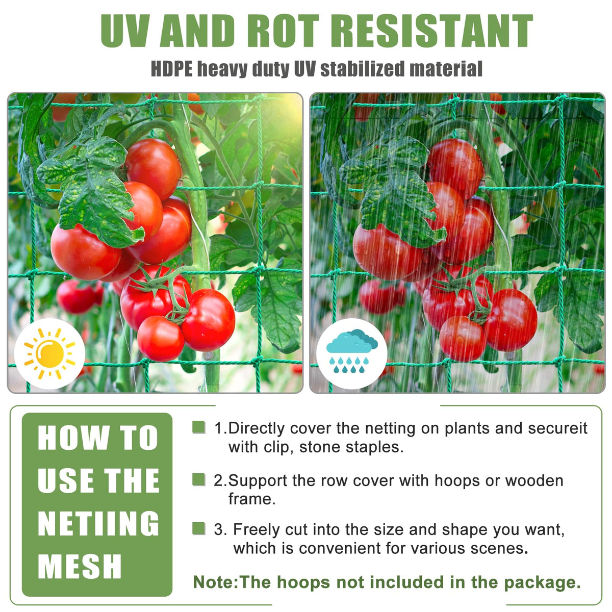 SHPPETONB Plant netting supports cucumber and tomato growth without crowding.