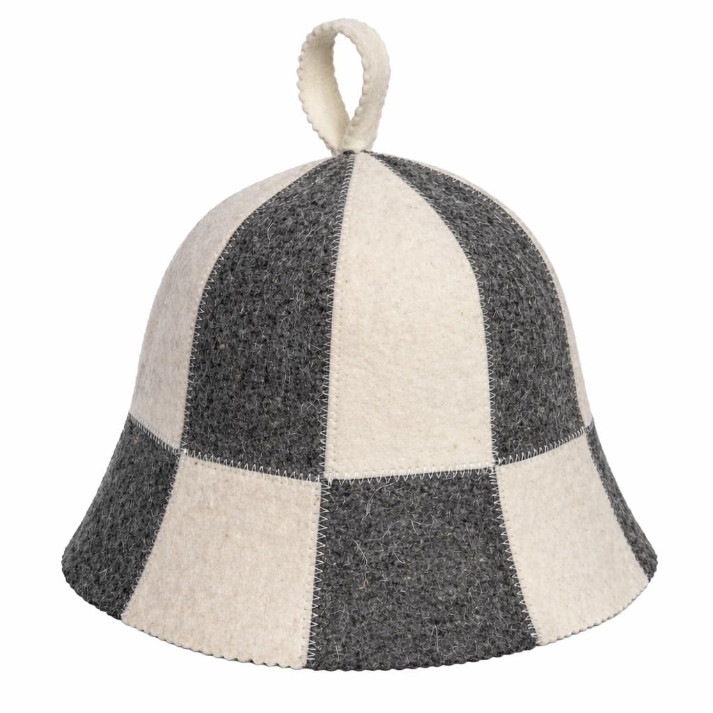 SHSH Trade Group wool sauna hat front view showing checkered pattern and hair protection