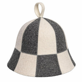 SHSH Trade Group wool sauna hat front view showing checkered pattern and hair protection