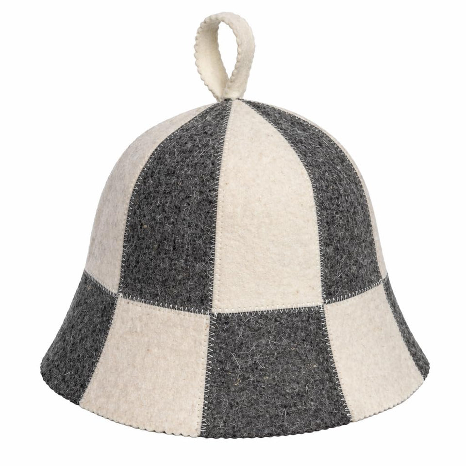 SHSH Trade Group wool sauna hat front view showing checkered pattern and hair protection