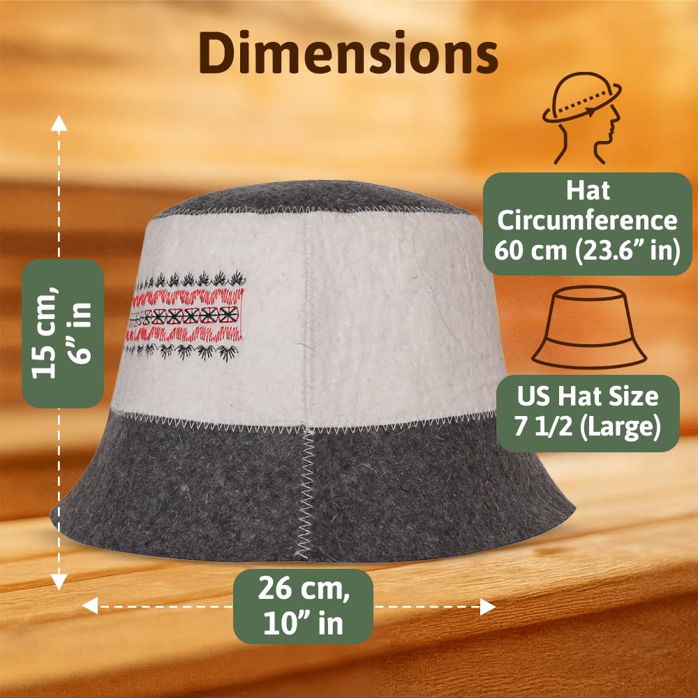 SHSH wool sauna hat on head demonstrates universal fit for most adults.