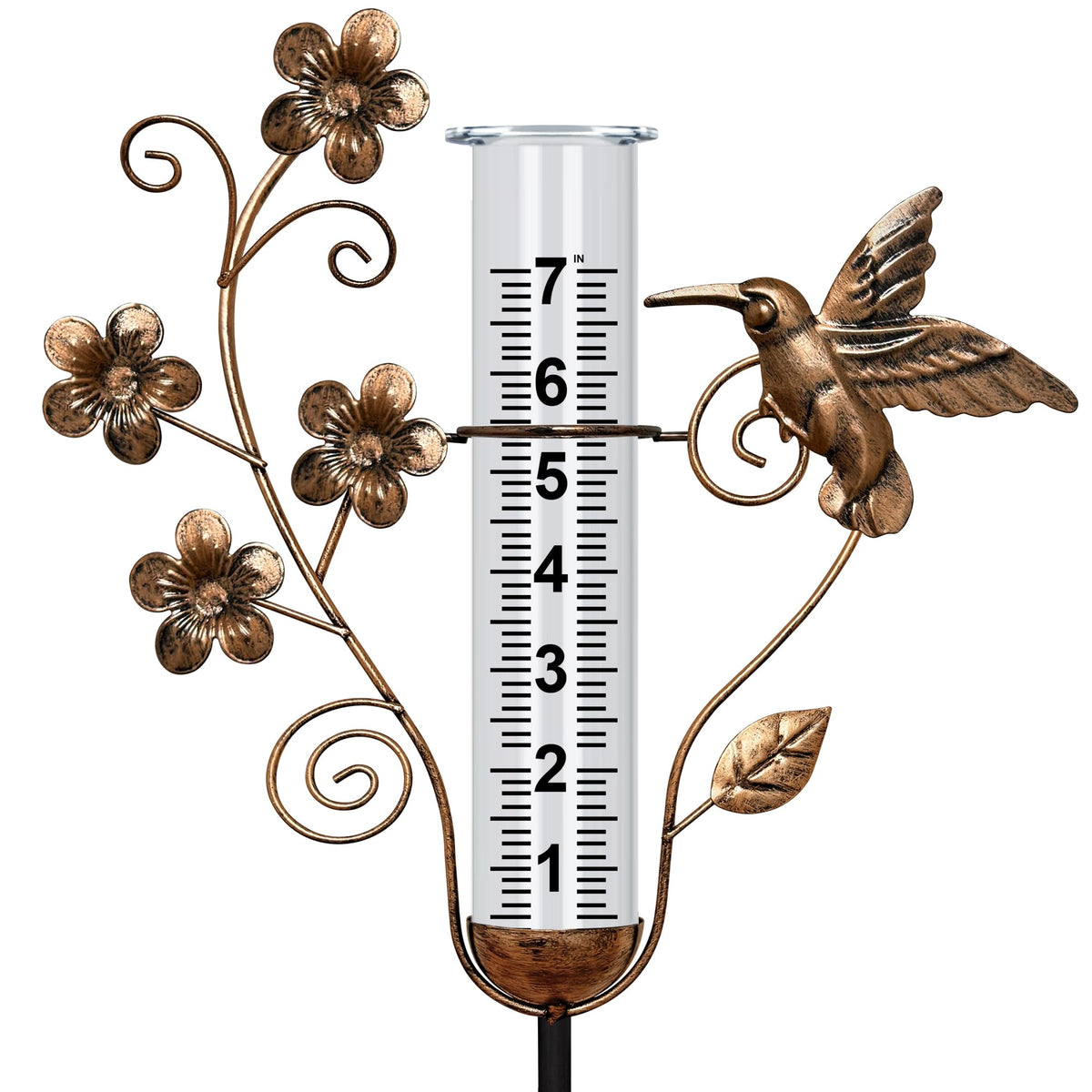 Shumi Rain Gauge Outdoor with bronze hummingbird reads rainfall clearly for garden planning.