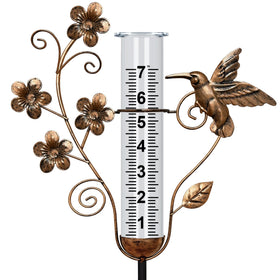 Shumi Rain Gauge Outdoor with bronze hummingbird reads rainfall clearly for garden planning.