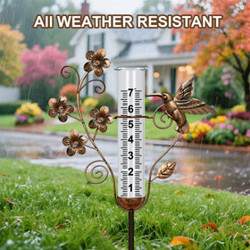 Shumi Rain Gauge featuring an enchanted forest design adds yard charm while monitoring precipitation.