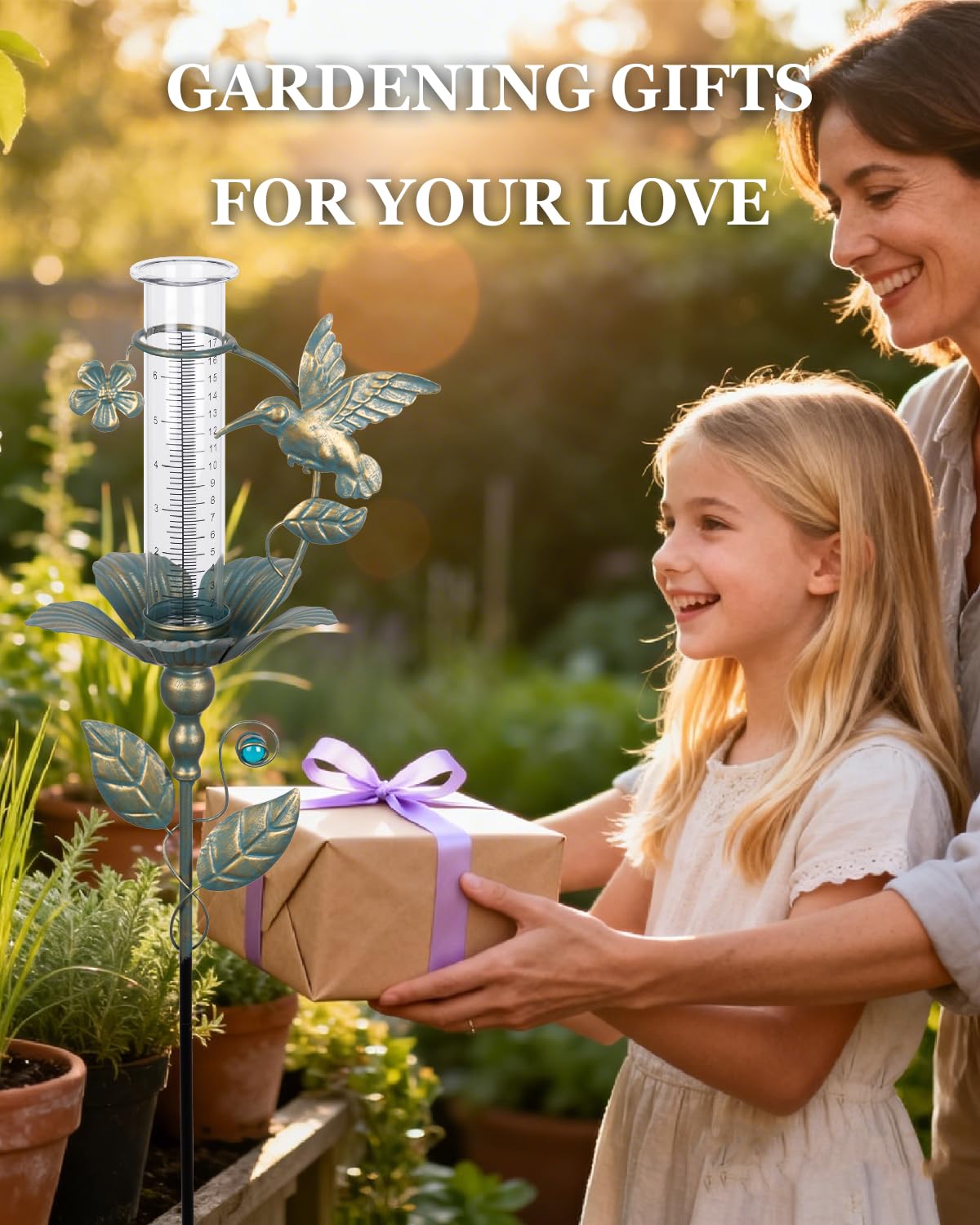 Height-adjustable Shumi Rain Gauge shown above plants for easy visibility.