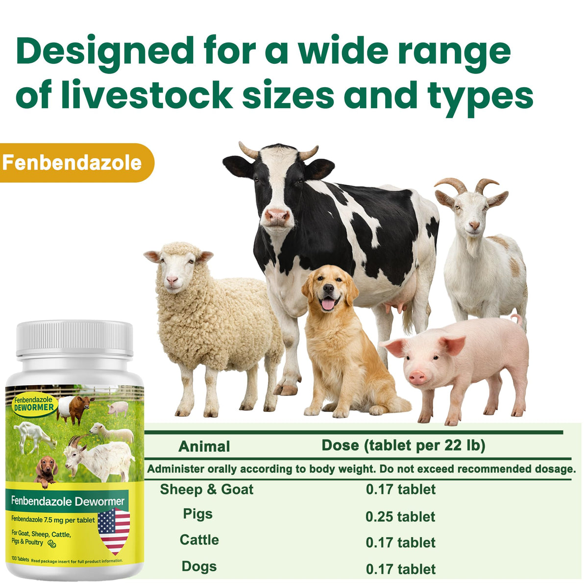 Multi-species use image featuring SHUNNIUB fenbendazole tablets for different livestock.