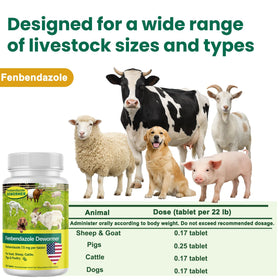 Multi-species use image featuring SHUNNIUB fenbendazole tablets for different livestock.