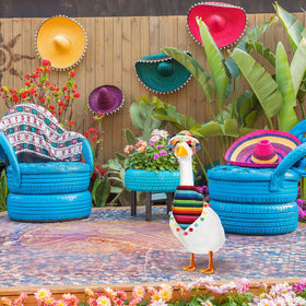 Shyyween Colorful garden goose costume creates playful yard scenes.