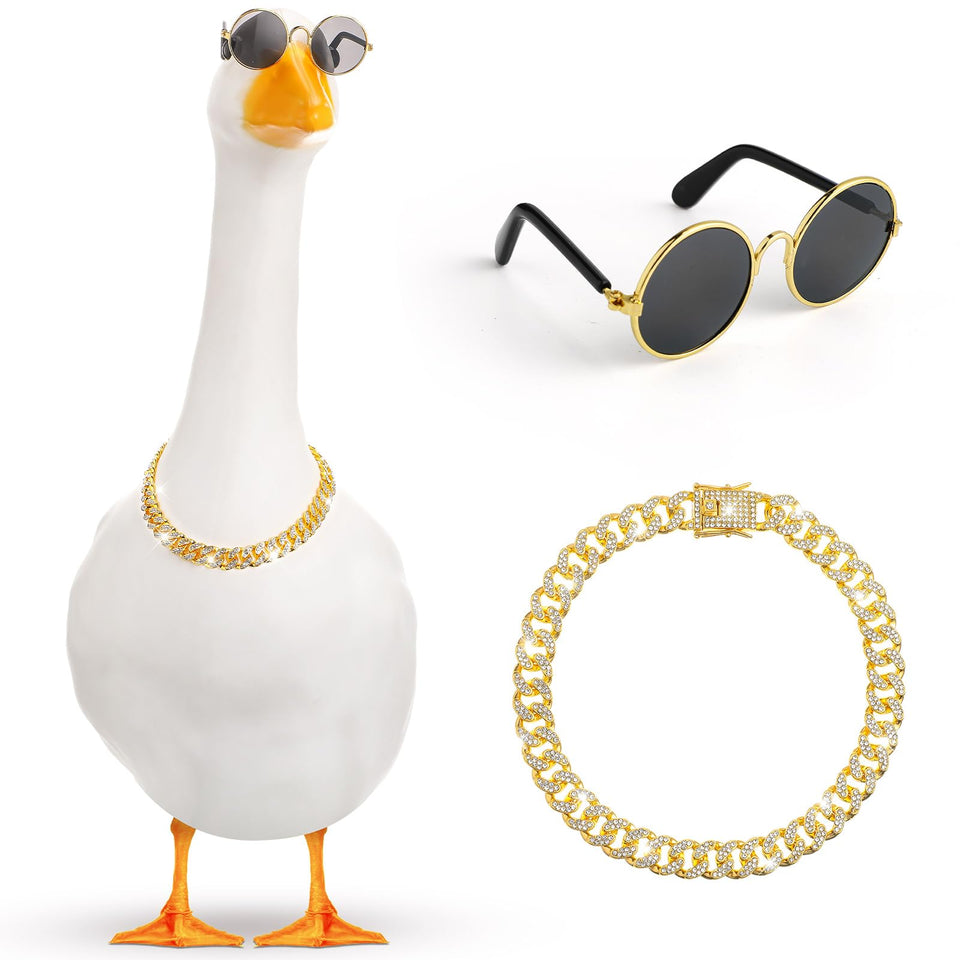 Shyyween gold chain collar for geese adds luxe flair to garden statues.