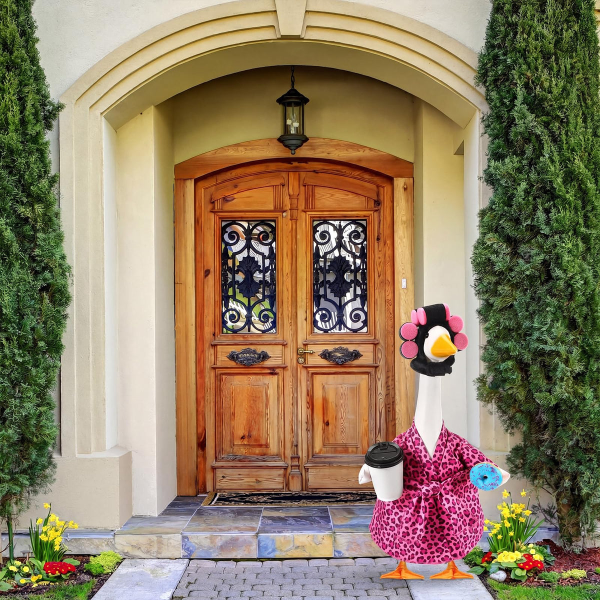 Shyyween curling iron headpiece adds a chic touch to the goose statue.