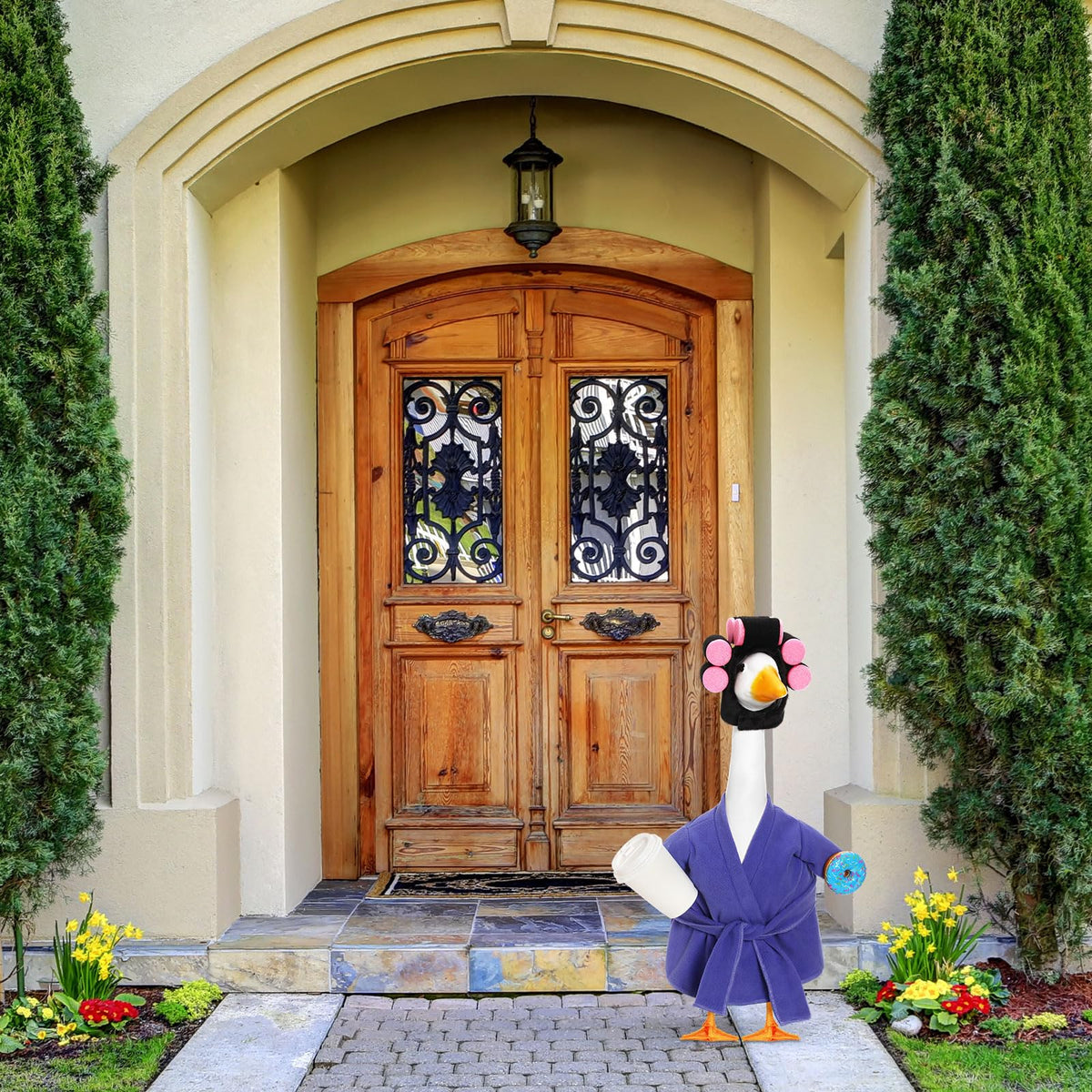 Shyyween curler headpiece adds feminine charm to outdoor goose statues.