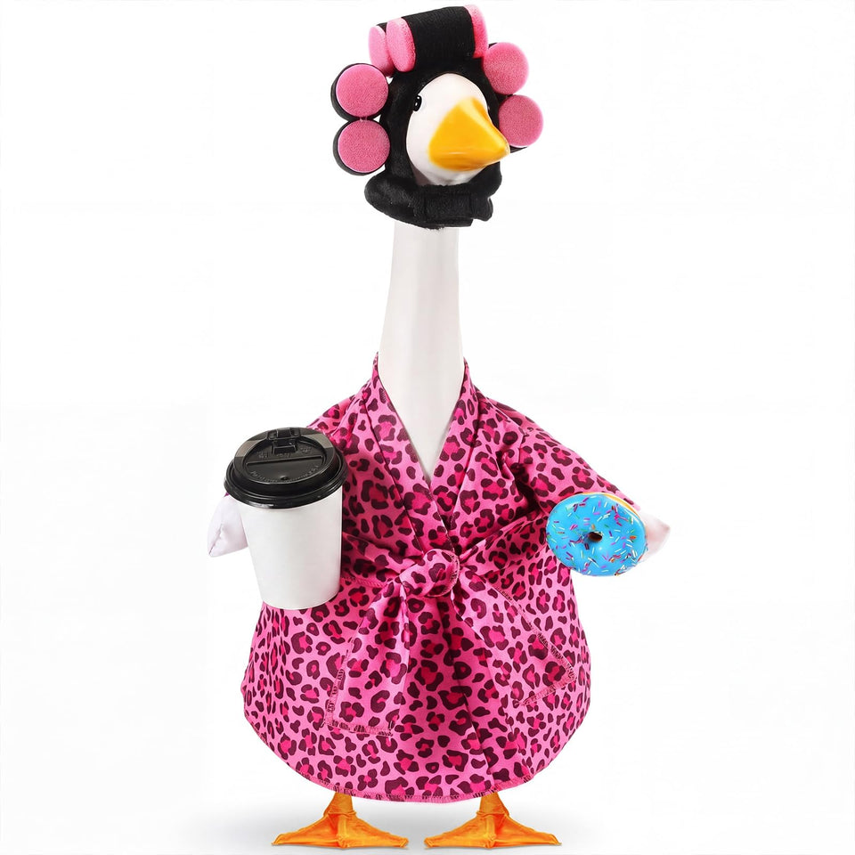 Shyyween lady porch goose outfit in pink leopard adds whimsical charm to outdoor spaces.
