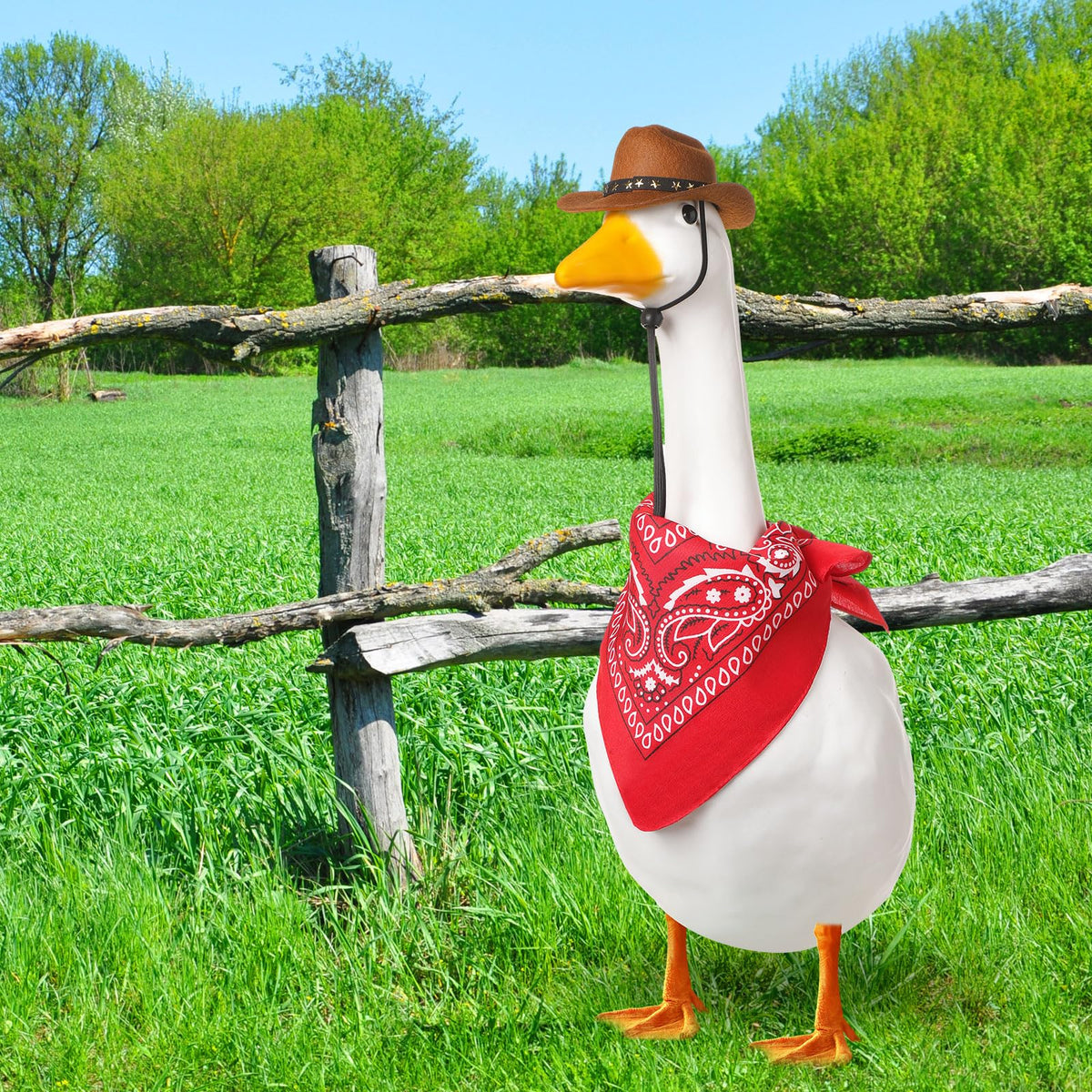 Shyyween western cowboy goose outfit displayed on a 23in goose for garden decor.