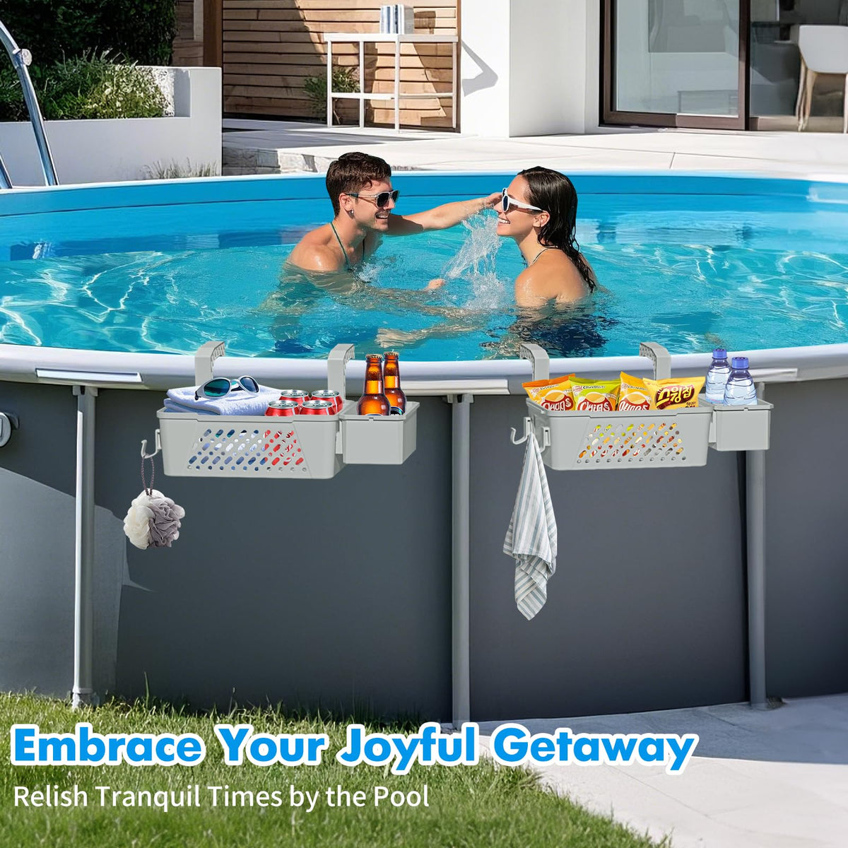 Sibada basket with cup holder attached to pool rail for drinks within reach.