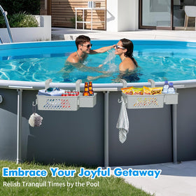 Sibada basket with cup holder attached to pool rail for drinks within reach.