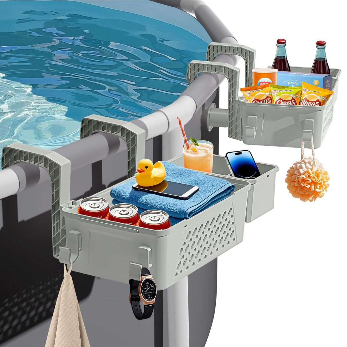 Sibada poolside storage basket on rail showing compact size and organization potential.