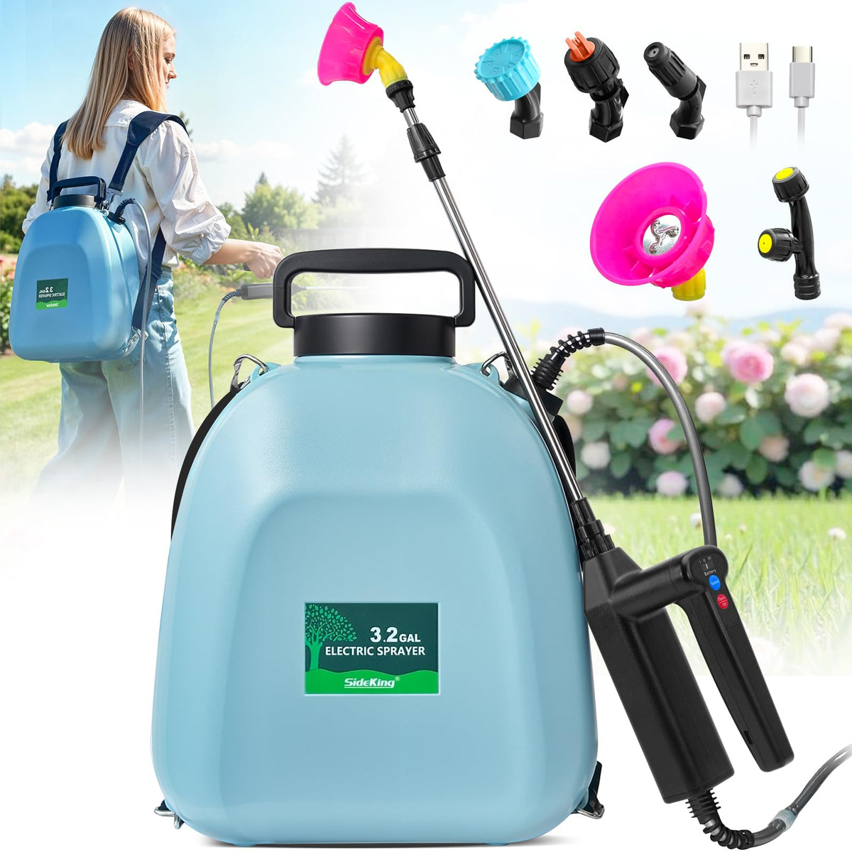 SideKing backpack sprayer worn on the back for hands-free lawn care.