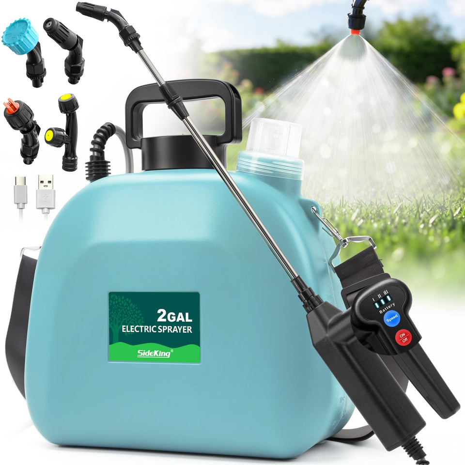 SideKing battery-powered sprayer 2-gallon tank ready for efficient large-area coverage.
