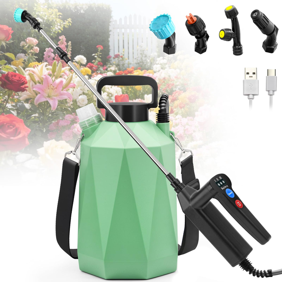 SideKing battery-powered sprayer front view showcases compact lawn care efficiency.