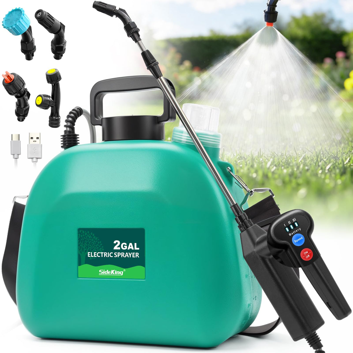 SideKing battery-powered sprayer with telescopic wand for tall plants and overhead coverage.