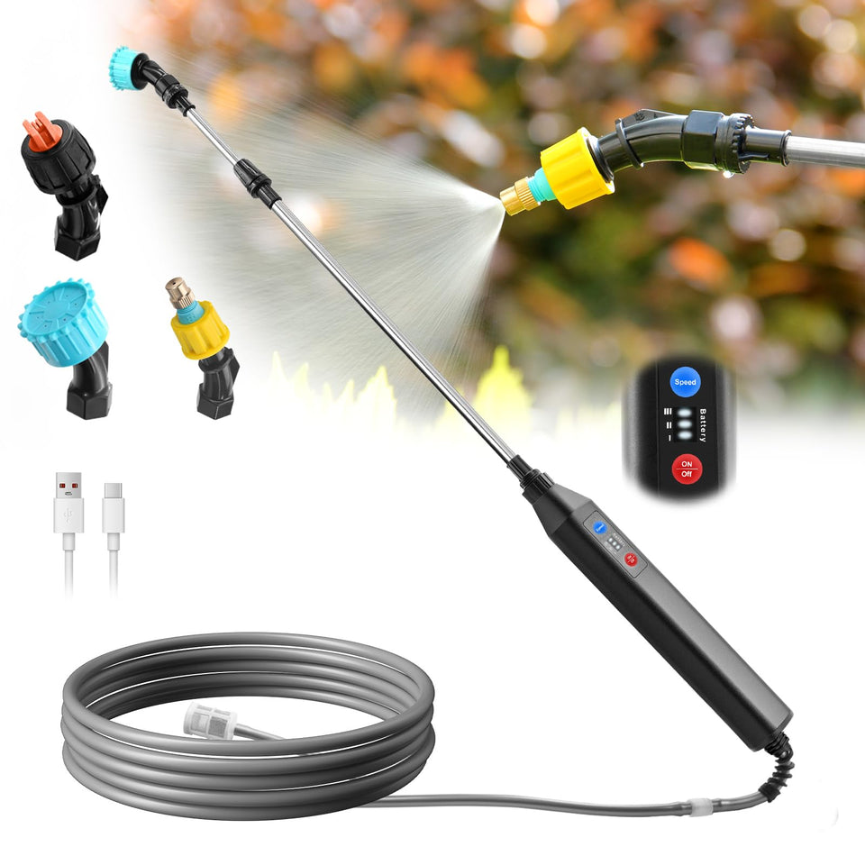SideKing battery-powered sprayer wand extended for high reach in tall plants