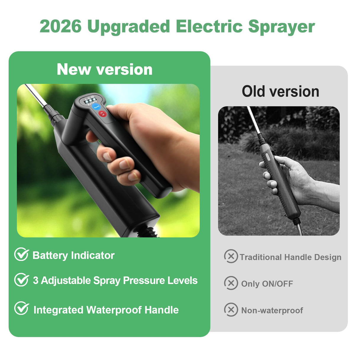 SideKing sprayer features LED battery indicator for quick power checks.