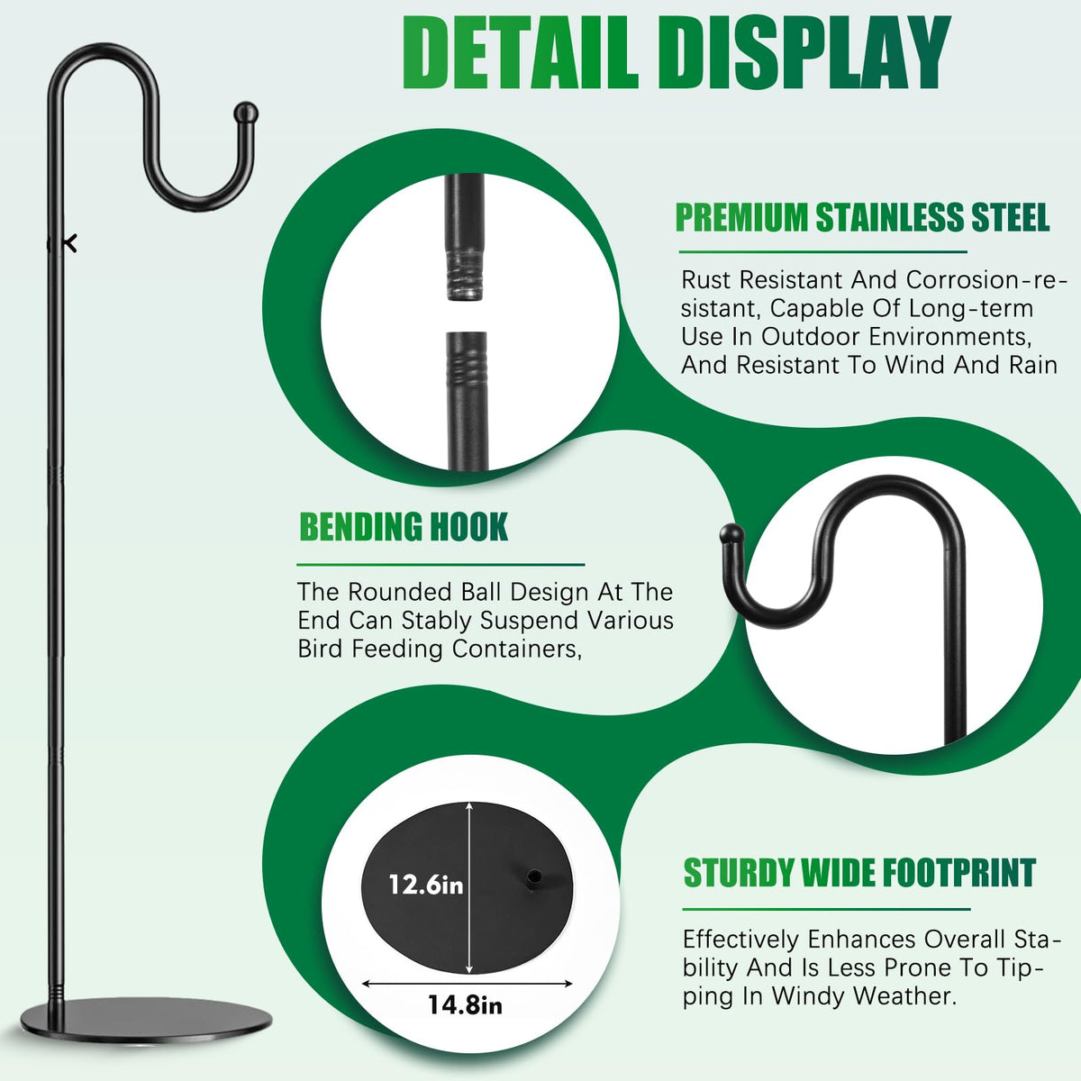 SIECCY adjustable-height shepherds hook enables versatile hanging options for plants and feeders.