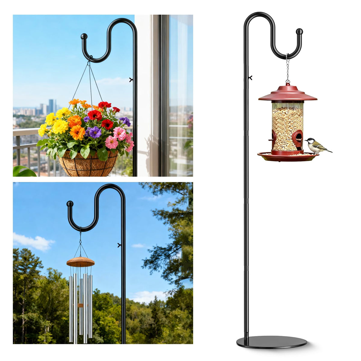 SIECCY 76-inch shepherds hook stand with heavy base for secure outdoor displays.