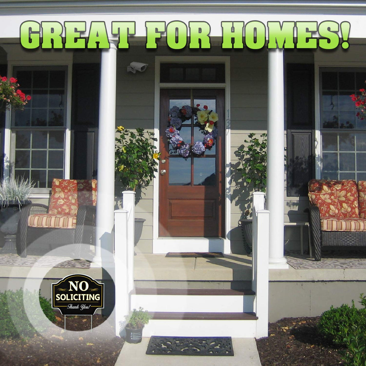 Signs Authority No Soliciting Sign readable message with non-reflective finish to reduce glare.