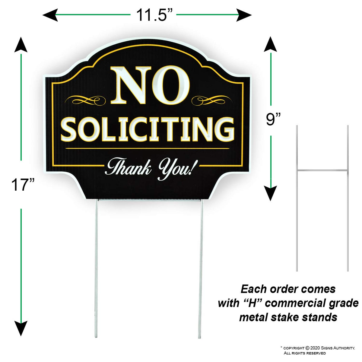 Signs Authority No Soliciting Sign with H-stake demonstrates easy setup in seconds.