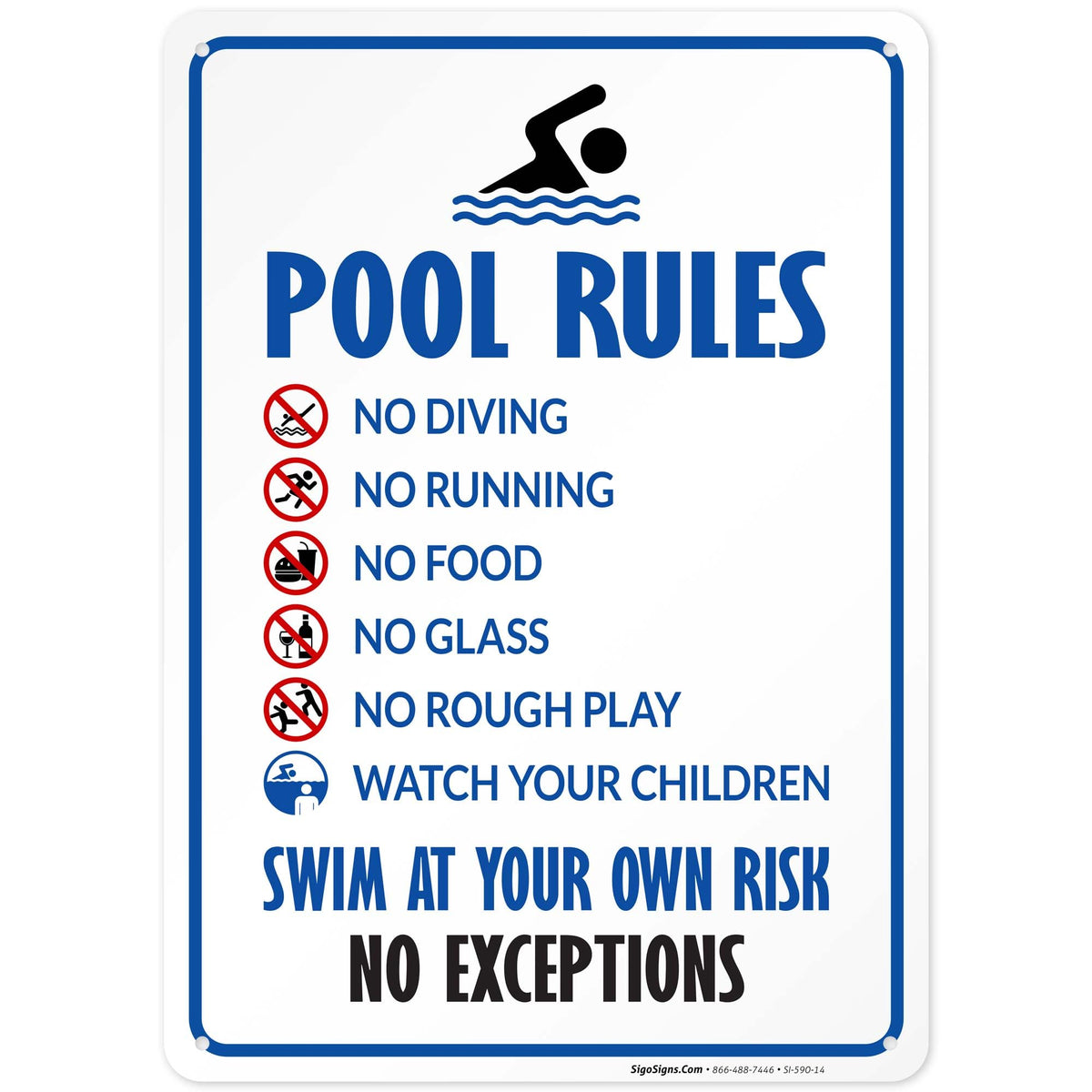 Sigo Signs pool rules sign indicating no diving for safer pool areas.