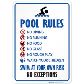 Sigo Signs pool rules sign indicating no diving for safer pool areas.