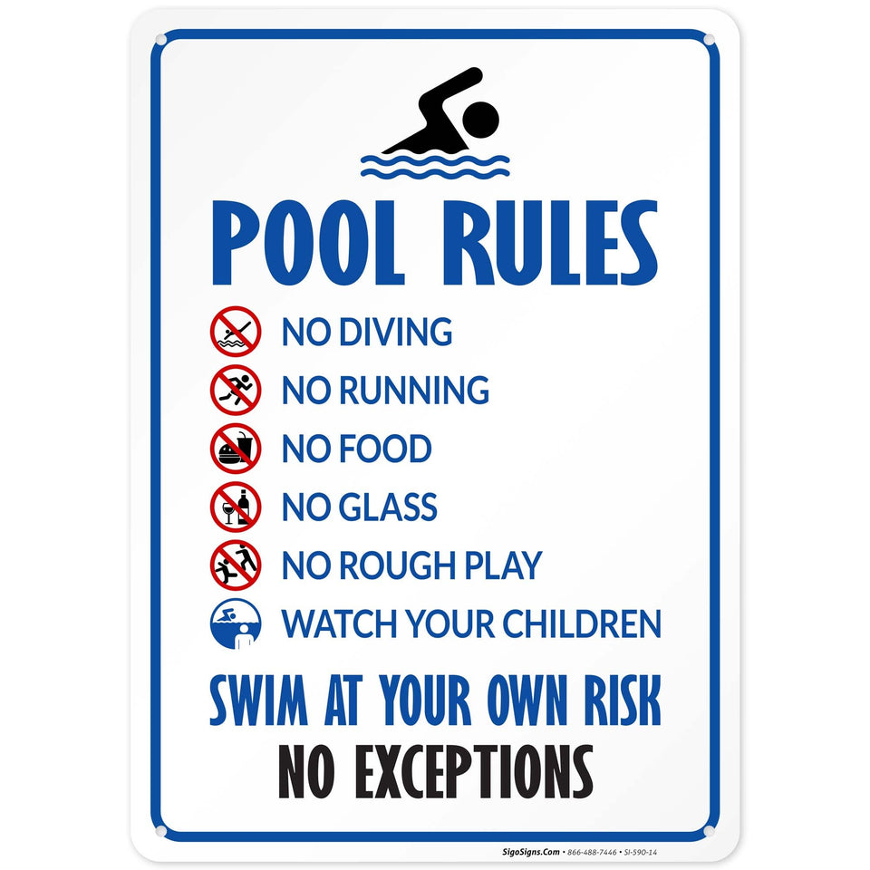 Sigo Signs pool rules sign indicating no diving for safer pool areas.