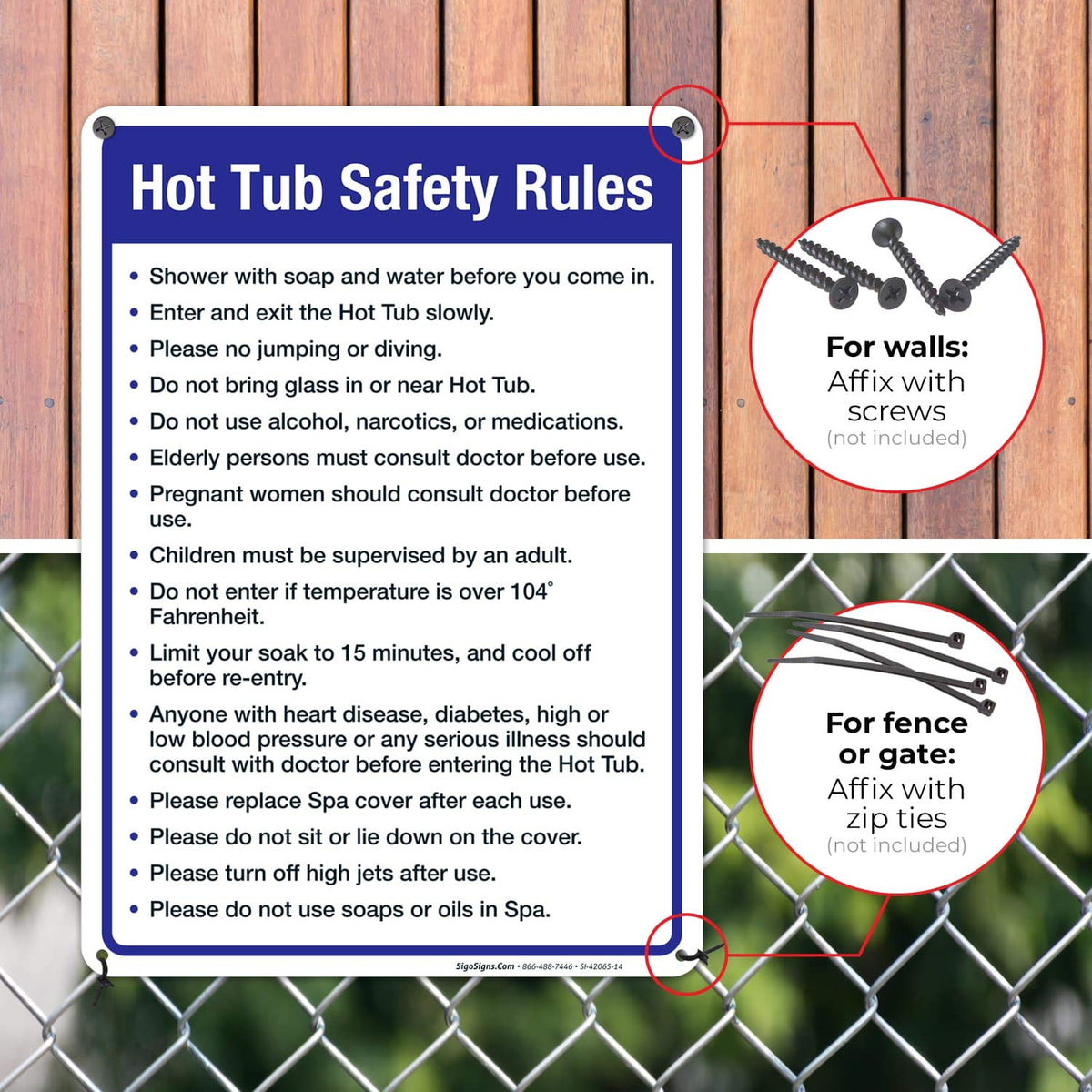 Sigo Signs pool safety rules sign with pre-drilled holes for quick mounting.