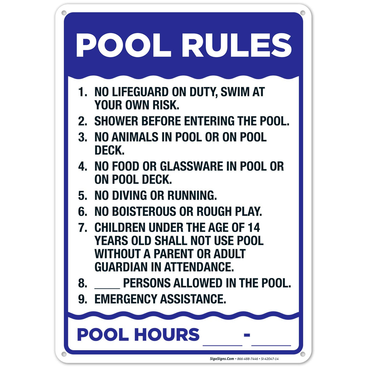 Sigo Signs pool rules sign front view; ideal for pool area safety in outdoor spaces.