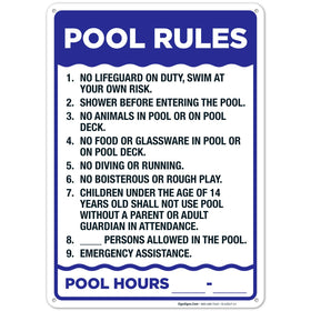 Sigo Signs pool rules sign front view; ideal for pool area safety in outdoor spaces.