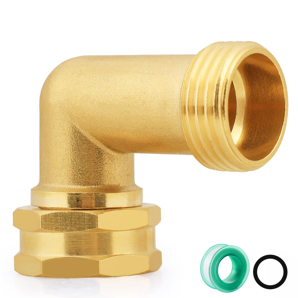 SIGURANTA 90-degree brass elbow connector viewed from the front for durable irrigation routing.