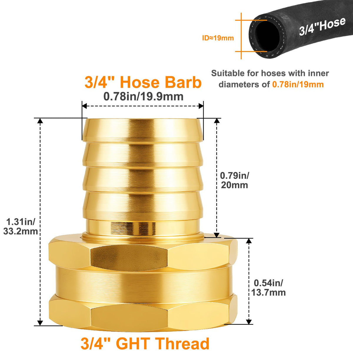 SIGURANTA brass 3/4-inch hose barb detail highlights sturdy barb for secure attachment.