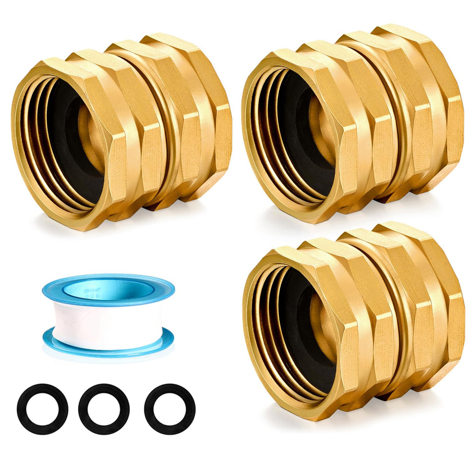 SIGURANTA brass garden hose adapter offers a sturdy double female connection.