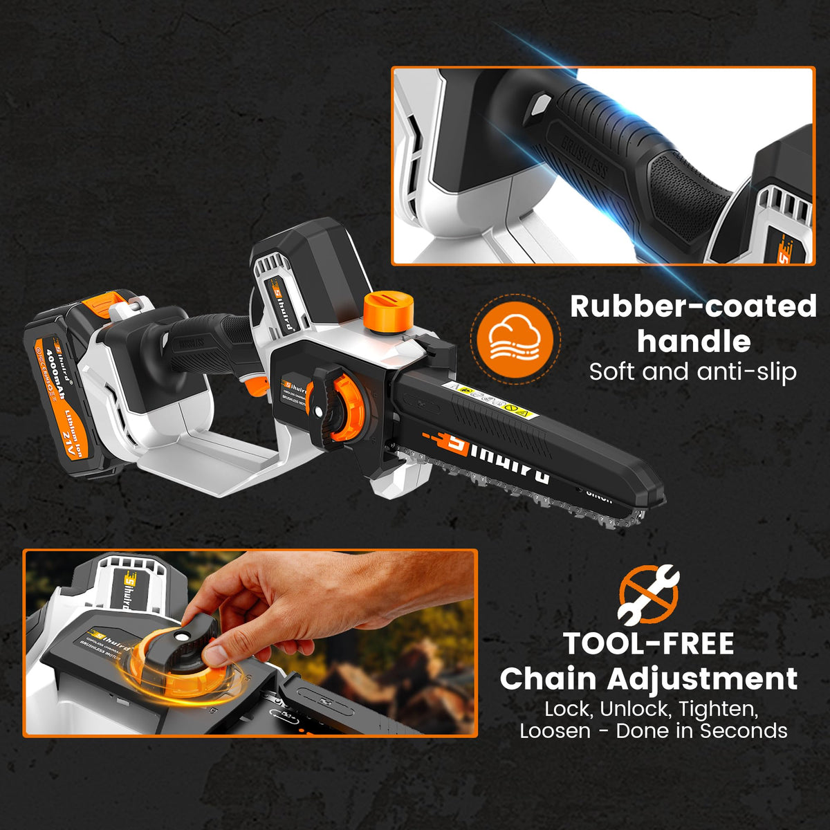 Sihuird mini chainsaw one-handed operation for comfortable, extended use.