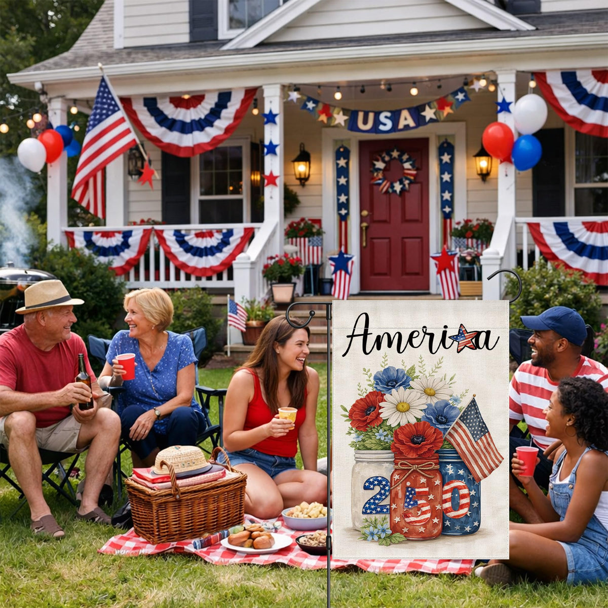 Siilues patriotic garden decor in blue and red for porch or yard.