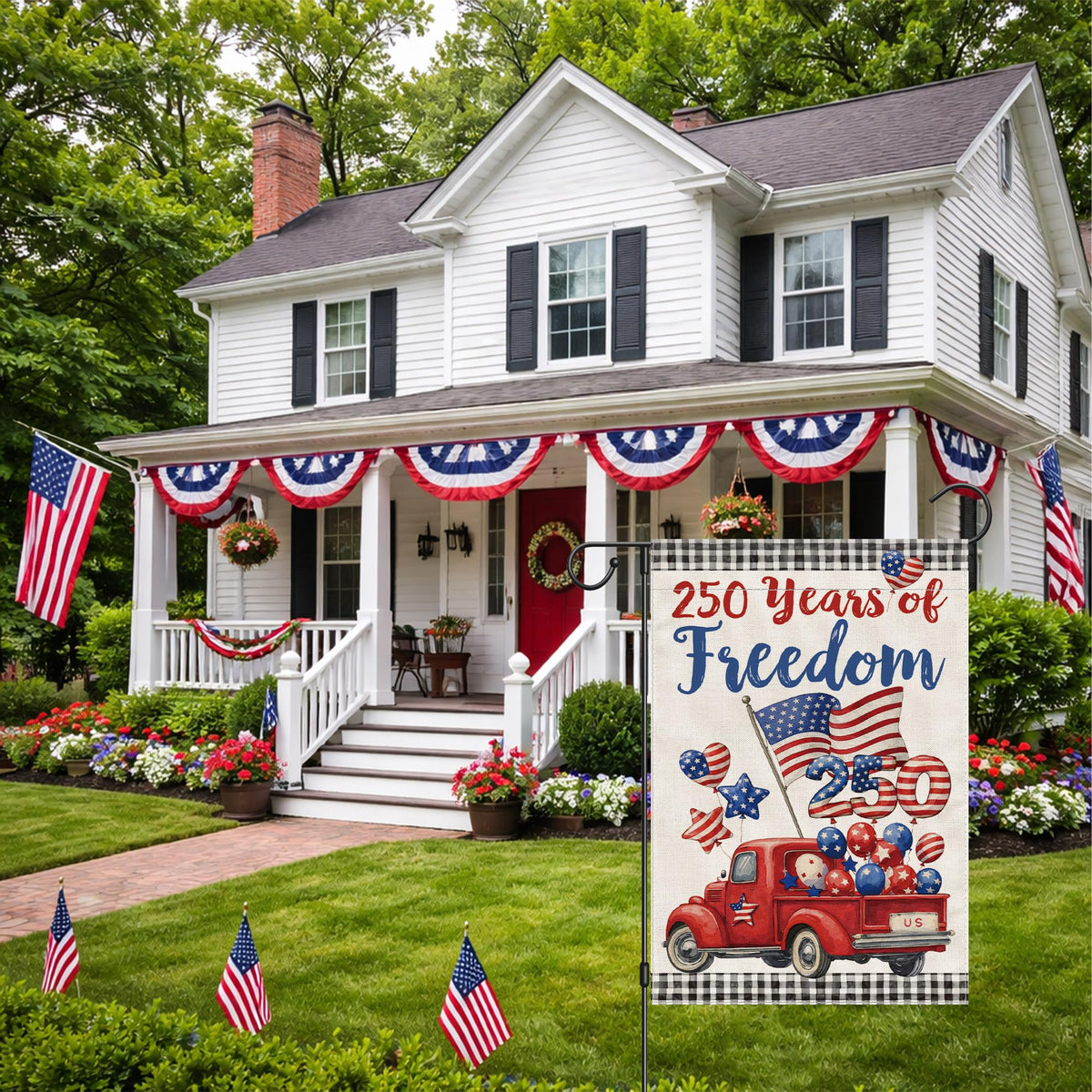 Siilues patriotic outdoor flag, yard decor, creates festive porch backdrop.