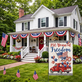 Siilues patriotic outdoor flag, yard decor, creates festive porch backdrop.