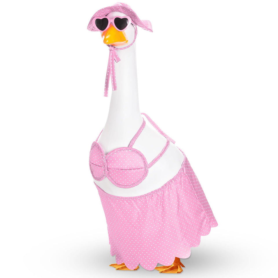 Silicherry bikini porch goose hat, a playful yard decor accent that draws attention.