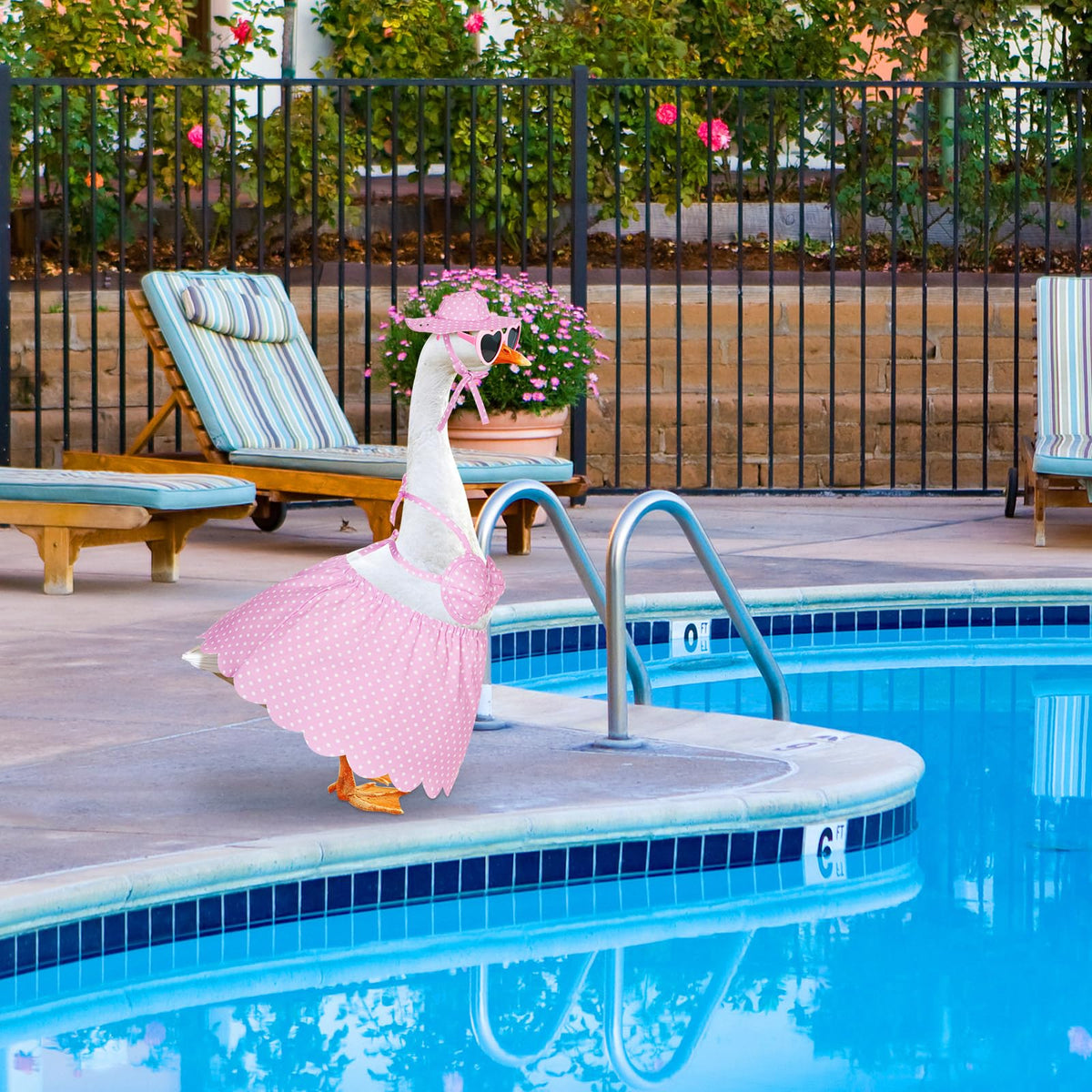 Silicherry cement goose costume provides durable yard decor that survives weather.