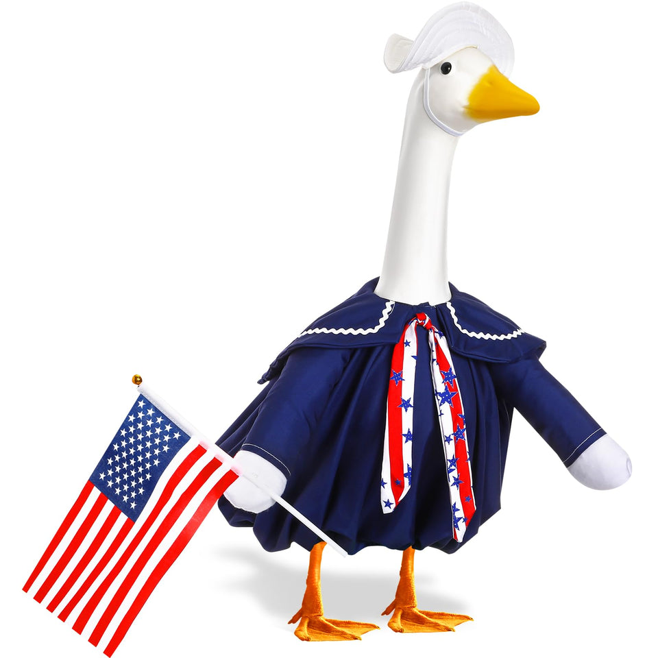 Silicherry fourth of July goose outfit with bow tie on a 23-inch goose