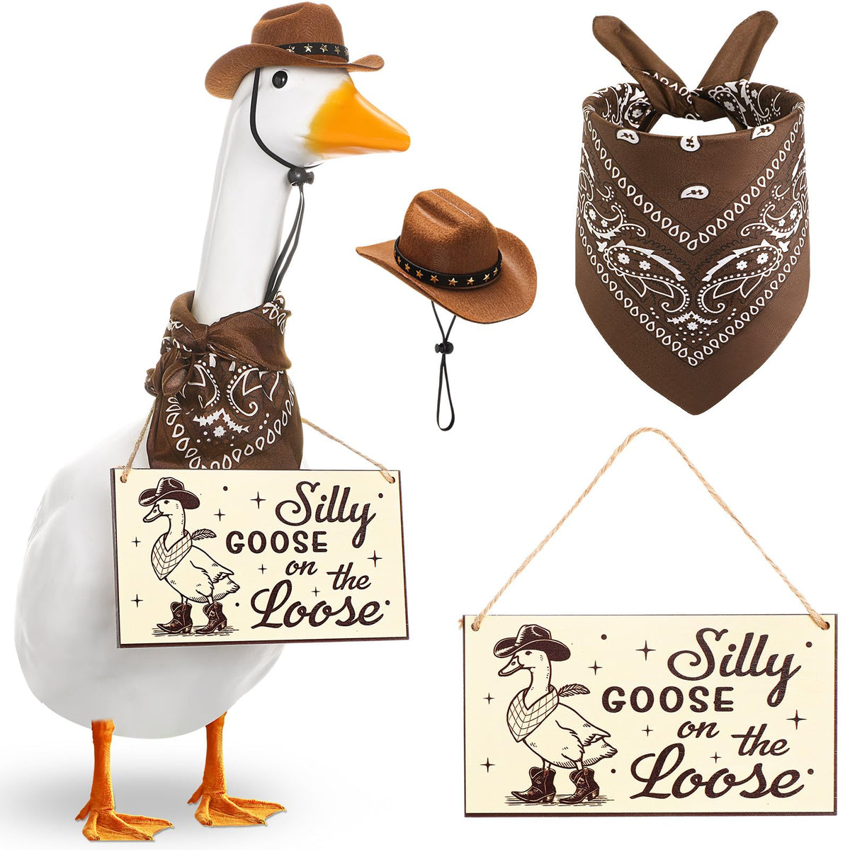 Silicherry funny porch goose outfit on a lawn goose for a playful Western vibe.
